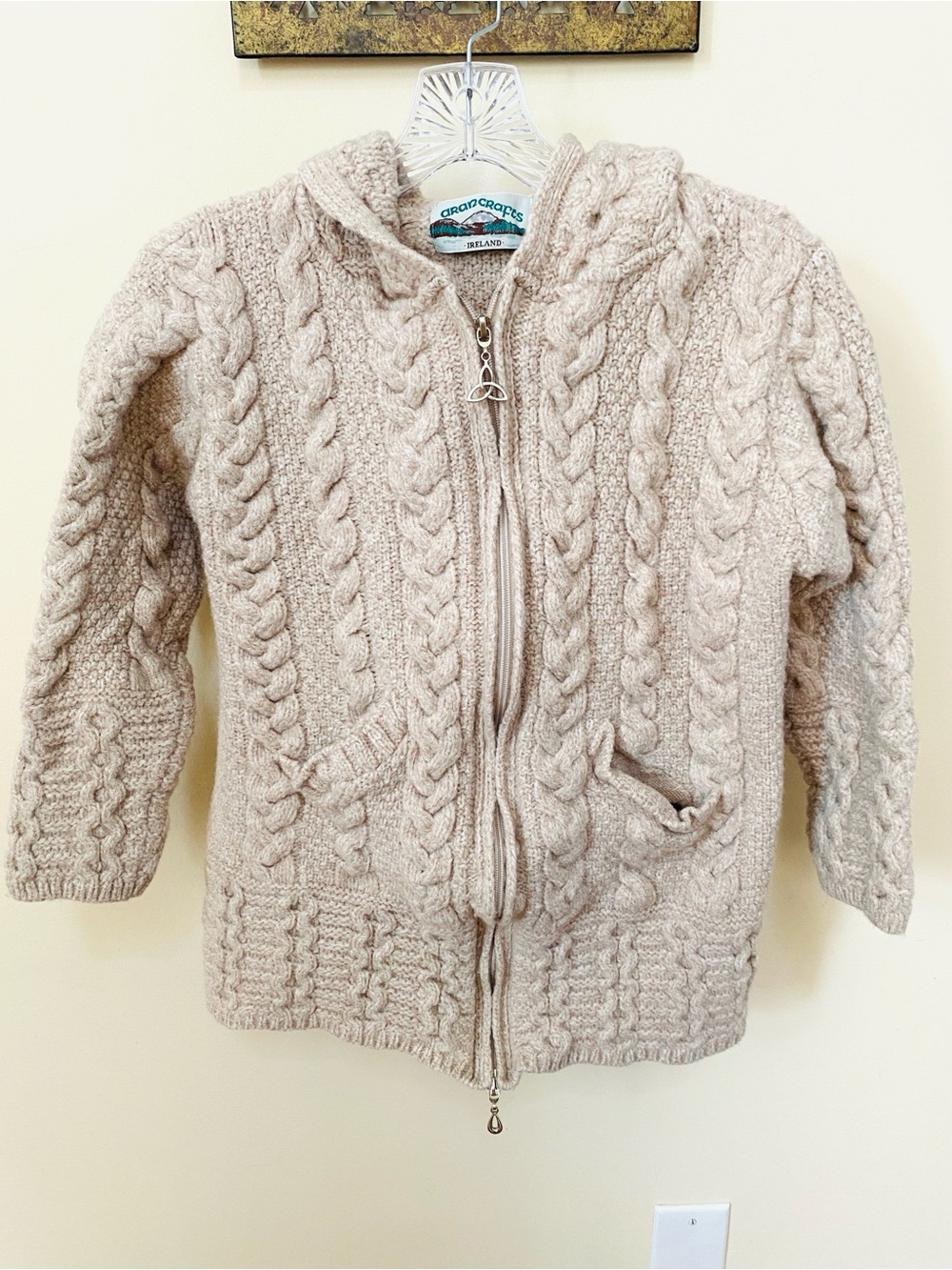 Aran Crafts Cream Wool Sweater Cardigan Cable Knit Zip-Up Hoodie Ireland XS